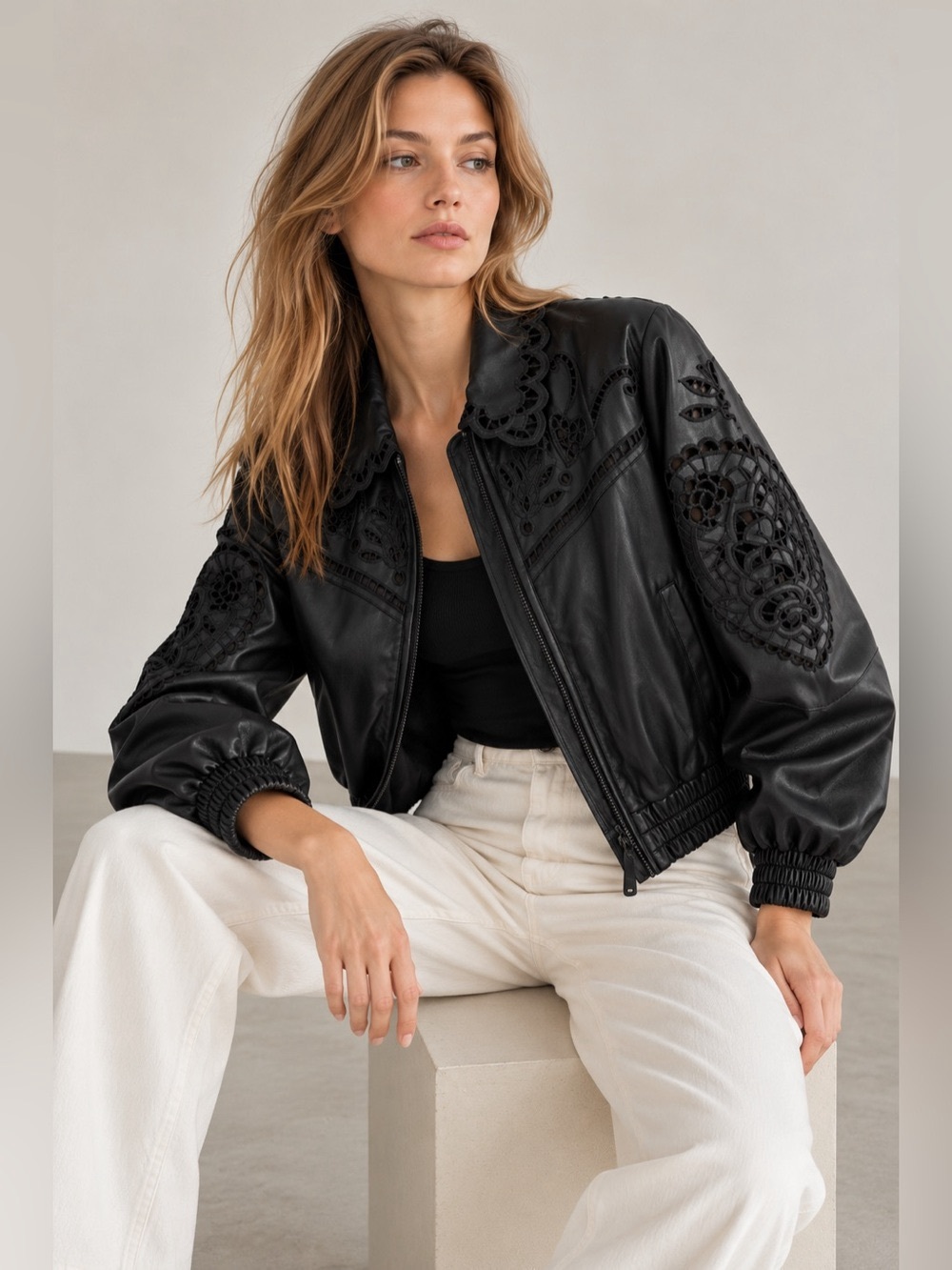 House of Harlow 1960 Black Embroidered Faux Leather Bomber Jacket